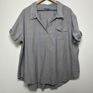 AT&T Women Henley Popover‎ Top 2X Gray Blue Short Sleeve Pocket Cotton Poly